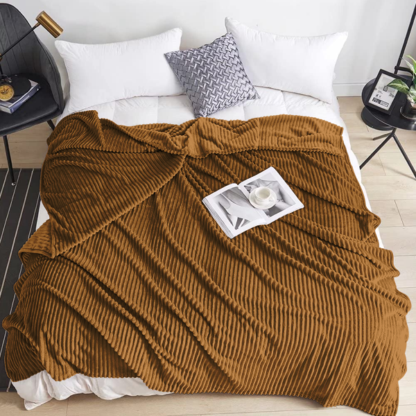 The Linen Company Bedding Double Camel Microfiber Plush Striped Blanket